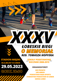 STADION MIEJSKIPlakat XXXV ŁOBESKICH BIEGÓW O MEMORIAŁ red. TOMASZA HOPFERA