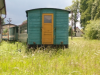 Drewniany wagon kolejowy wśród traw
