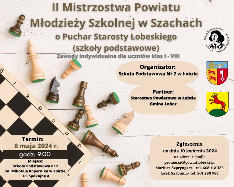 Zaproszenie do udziału w II Mistrzostwach Powiatu Młodzieży Szkolnej w Szachach