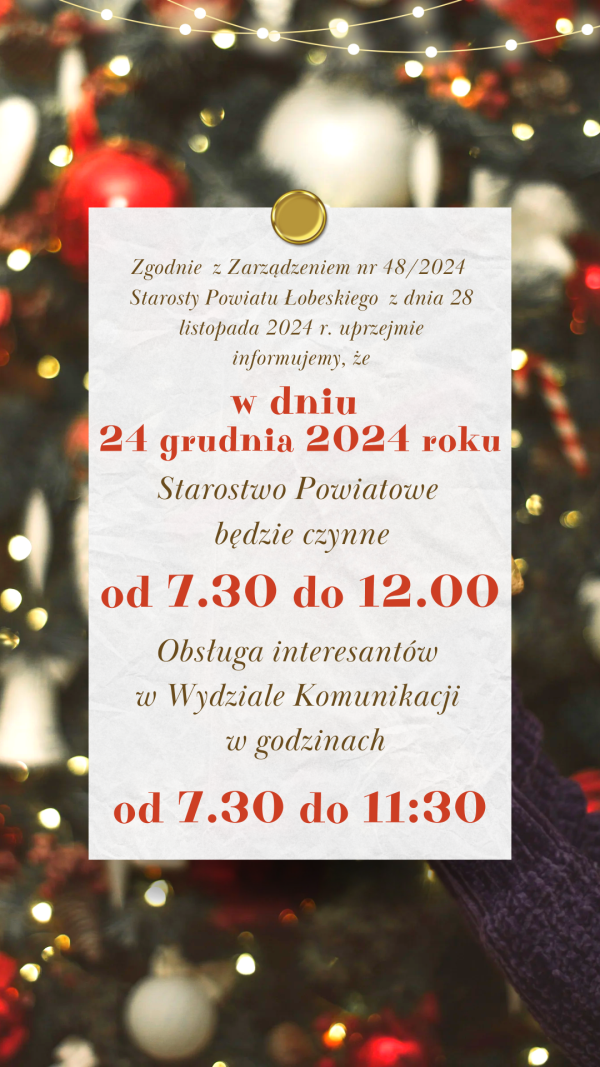 Krótszy czas pracy Starostwa Powiatowego w Łobzie - 24.12.2024