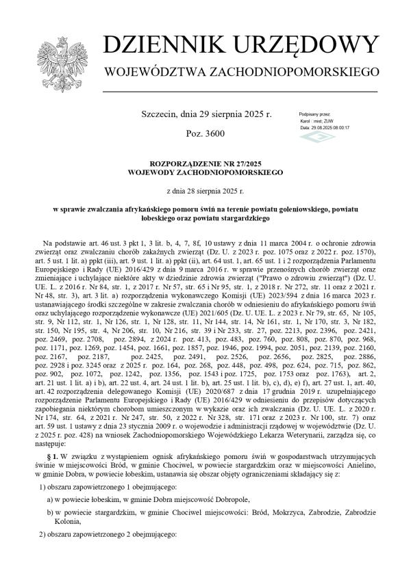 Rozporządzenie nr 27/2025 Wojewody Zachodniopomorskiego z dnia 28 sierpnia 2025 r.