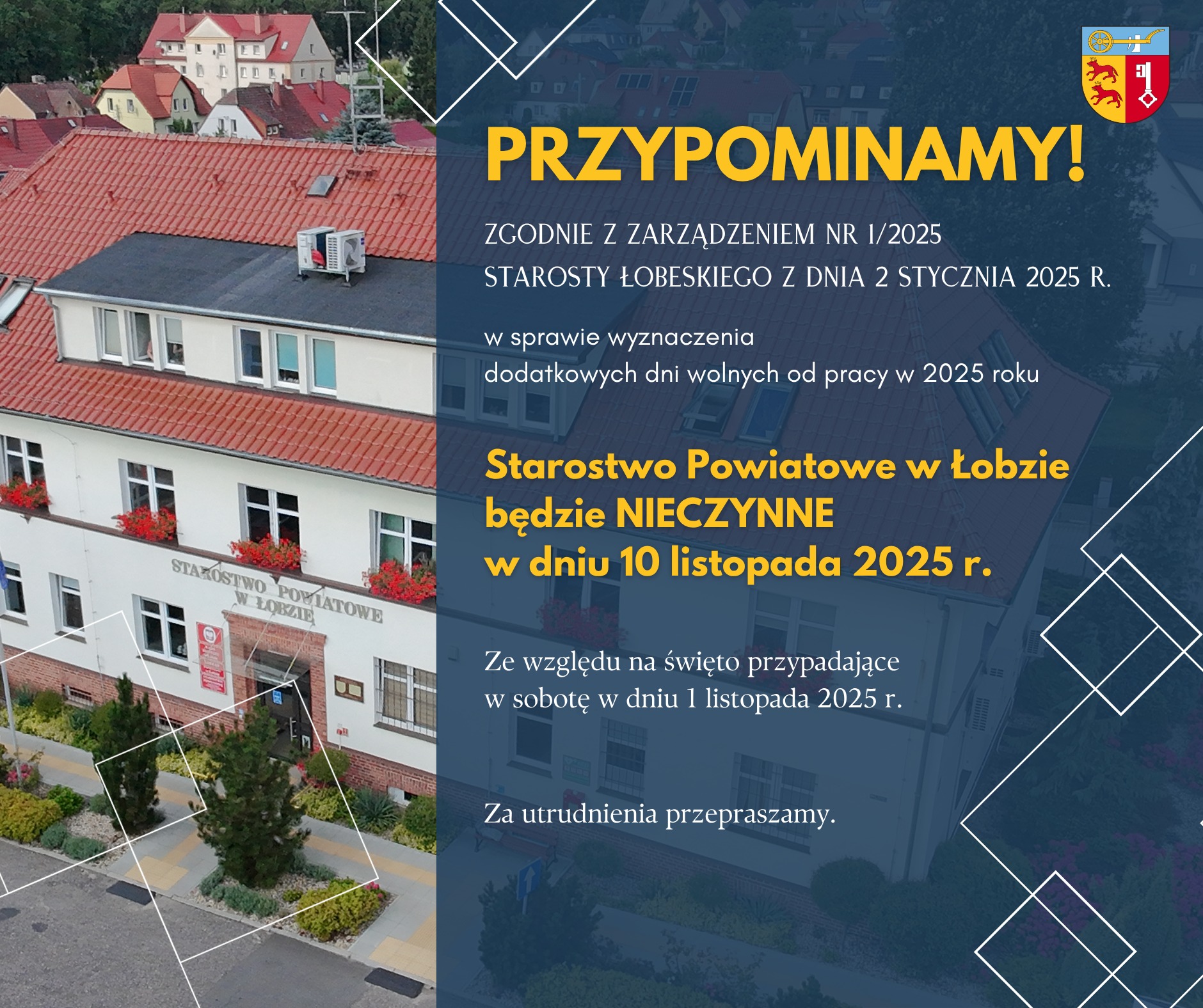 Starostwo Powiatowe w Łobzie będzie nieczynne w dniu 10.11.2025