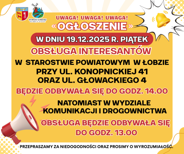 Prosimy zapoznaj się z informacją dot. zmiany godzin pracy Starostwa Powiatowego w Łobzie 19 grudnia 2025!