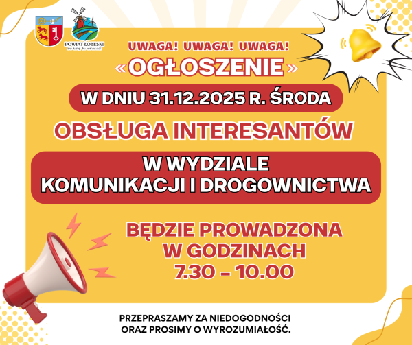 Wydział Komunikacji 31.12.2025 czynny w godzinach 7.30-10.00