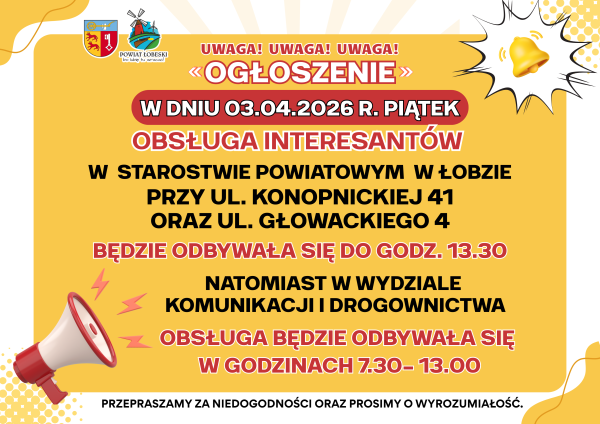 Prosimy zapoznaj się z informacją dot. zmiany godzin pracy Starostwa Powiatowego w Łobzie w dniu 03.04.2026!