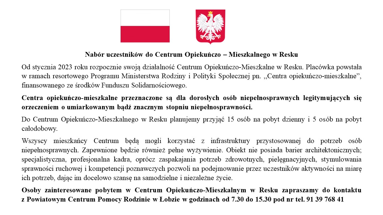 Nabór uczestników do Centrum Opiekuńczo - Mieszkalnego w Resku.