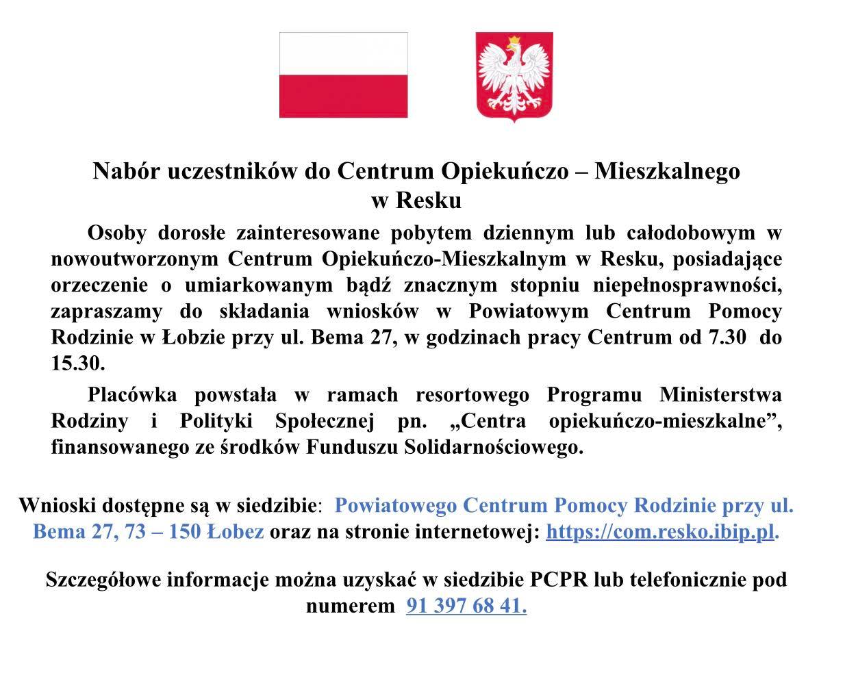 Nabór uczestników do Centrum Opiekuńczo - Mieszkalnego w Resku