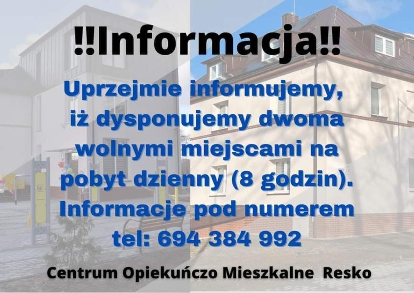 Wolne miejsca w Centrum Opiekuńczo  - Mieszkalnym w Resku